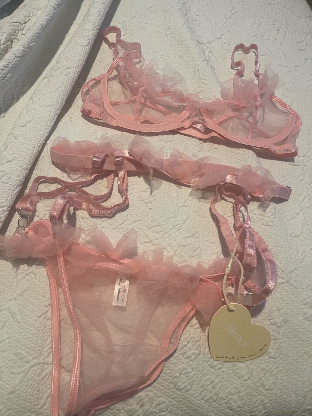 Sheer Ruffle Lace Trim Bralette & Panty Set in Pink. Underwire Bra M NEW